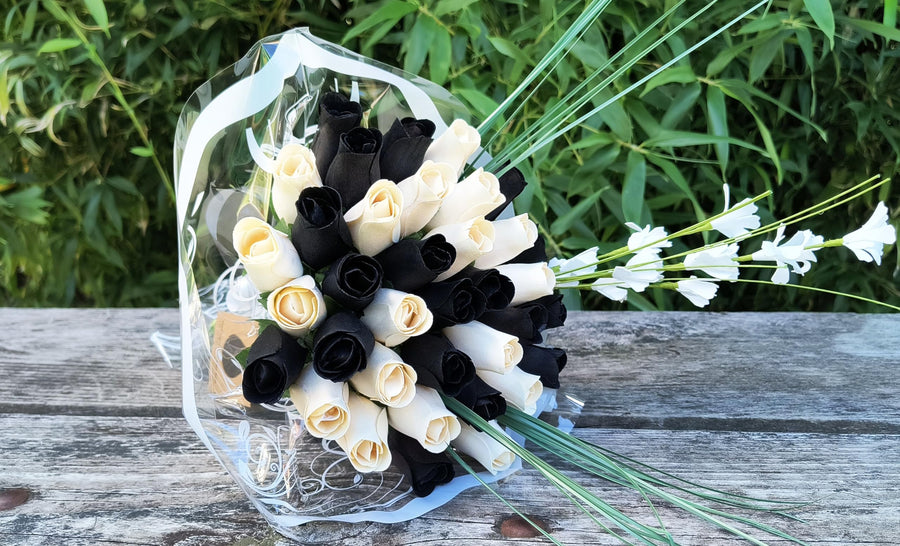 The Original Wooden Rose, Black and White Wooden Rose Bouquet (3 Dozen) - The Original Wooden Rose