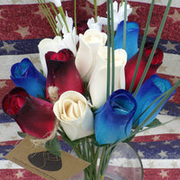 The Original Wooden Rose Primitive Patriotic 1 Dozen Red with Black Tips, White and Blue with Dark Blue Tips Bouquet - The Original Wooden Rose