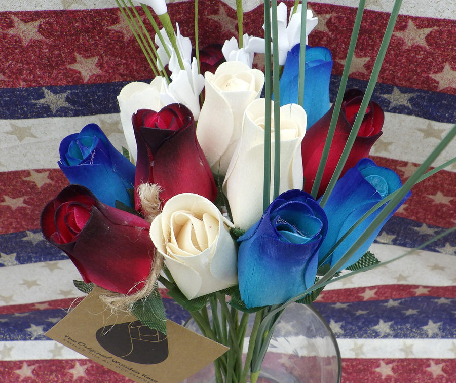 The Original Wooden Rose Primitive Patriotic 1 Dozen Red with Black Tips, White and Blue with Dark Blue Tips Bouquet - The Original Wooden Rose