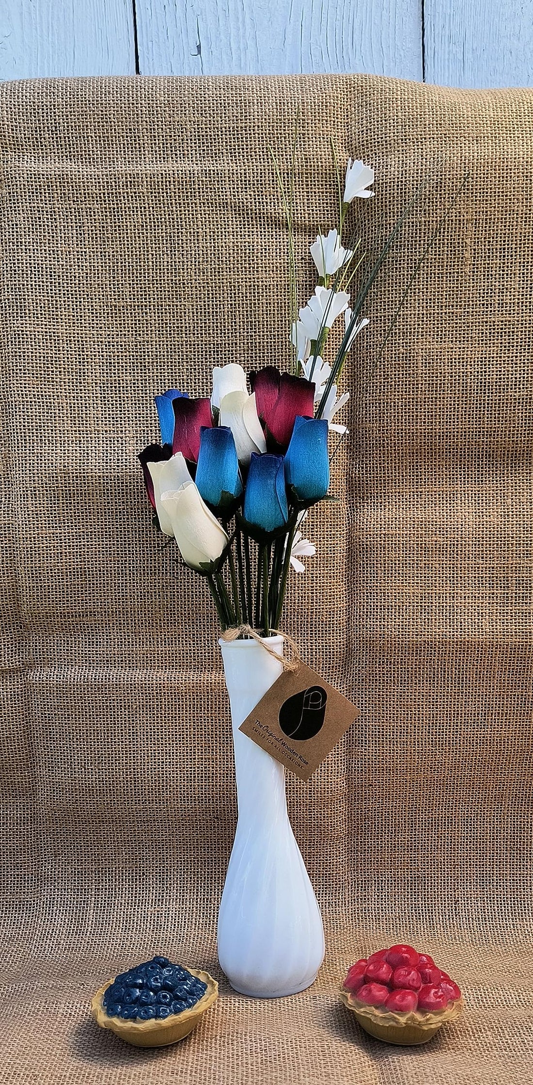 The Original Wooden Rose Primitive Patriotic 1 Dozen Red with Black Tips, White and Blue with Dark Blue Tips Bouquet - The Original Wooden Rose