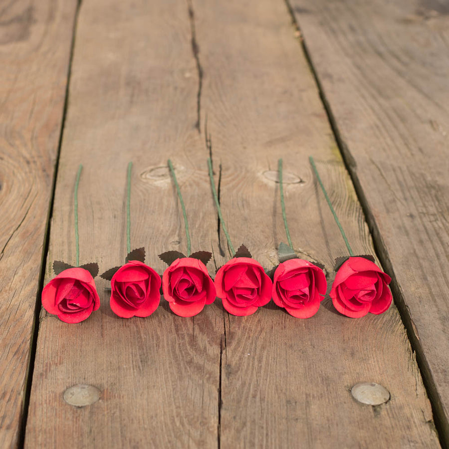 Red Half Open Roses 6-Pack - The Original Wooden Rose