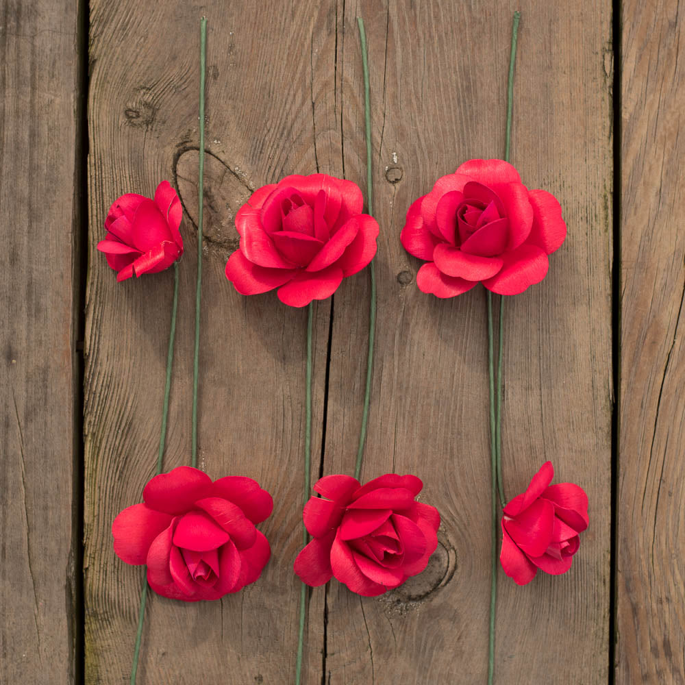 Red Fully Open Roses 6-Pack - The Original Wooden Rose