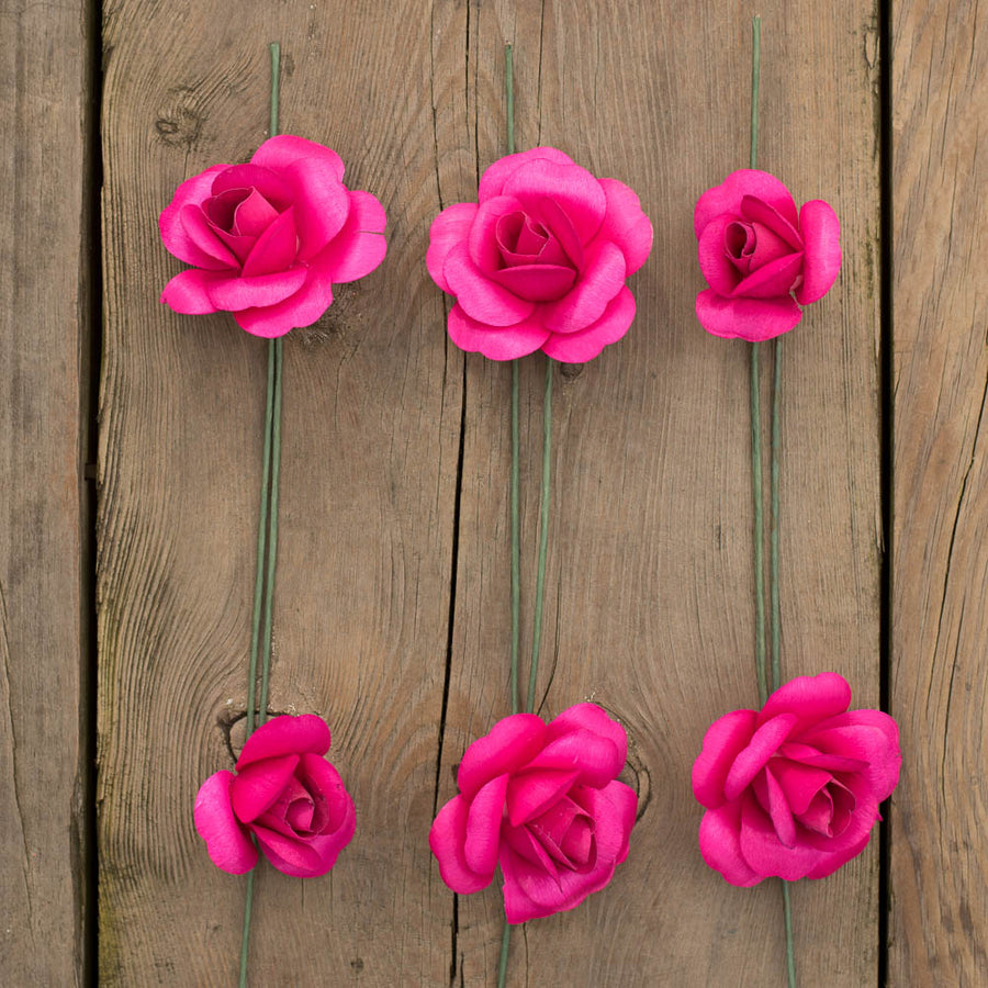 Hot Pink Fully Open Roses 6-Pack - The Original Wooden Rose