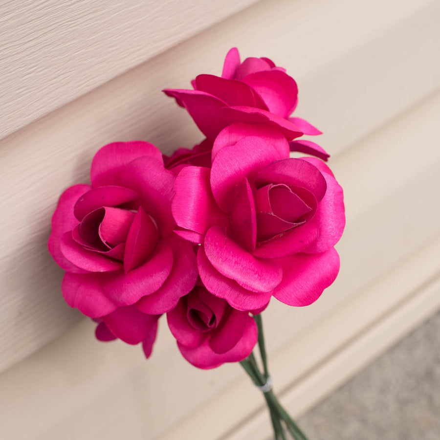 Hot Pink Fully Open Roses 6-Pack - The Original Wooden Rose