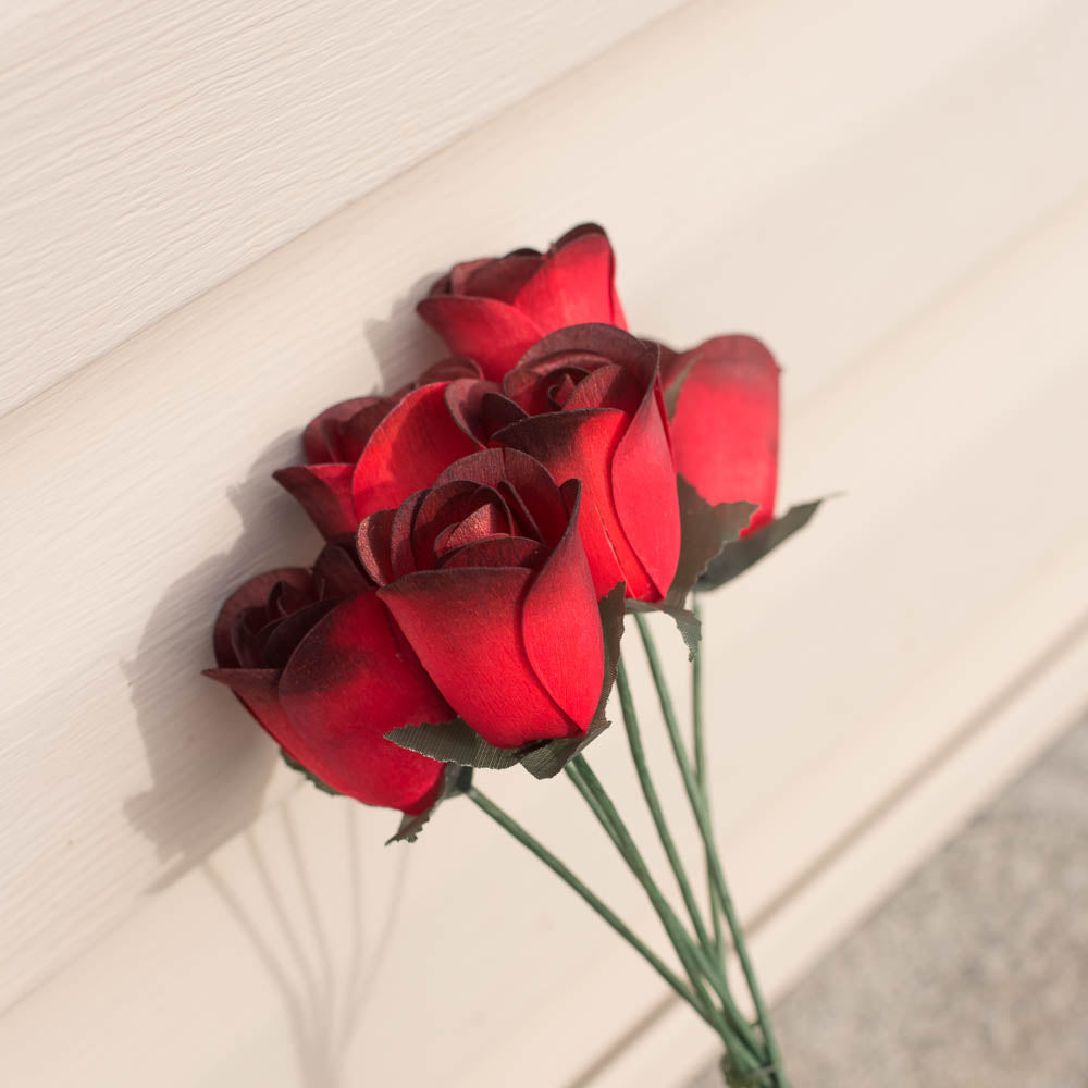 Red/Black Half Open Roses 6-Pack - The Original Wooden Rose