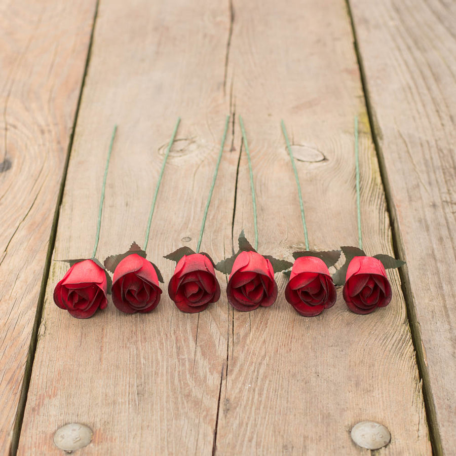 Red/Black Half Open Roses 6-Pack - The Original Wooden Rose