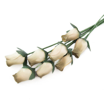 White/Olive Closed Bud Roses 8-Pack - The Original Wooden Rose