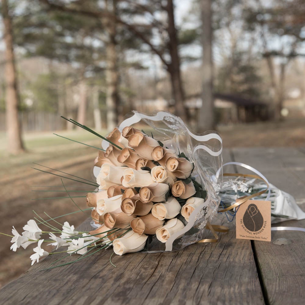 50 Year Anniversary Gold and White Flower Bouquet - The Original Wooden Rose