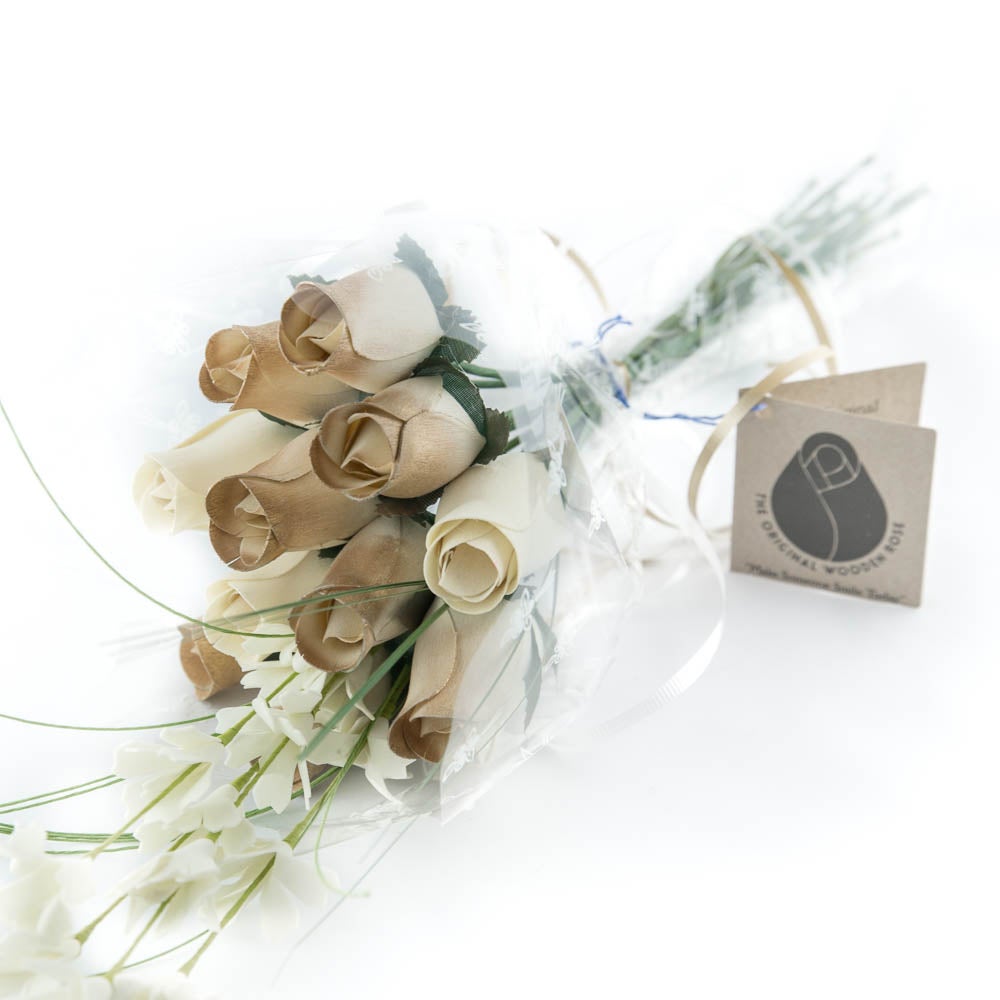 50 Year Anniversary Gold and White Flower Bouquet - The Original Wooden Rose