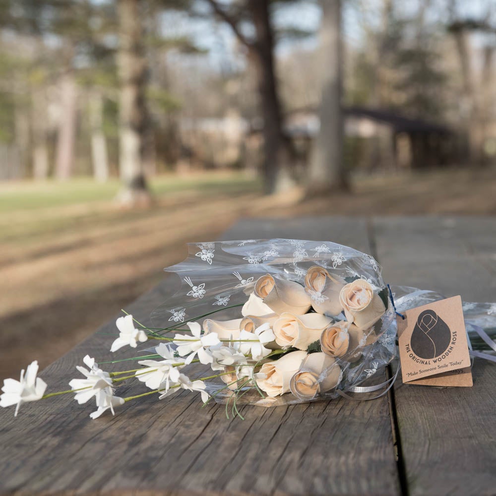 25 Year Anniversary Silver and White Flower Bouquet - The Original Wooden Rose